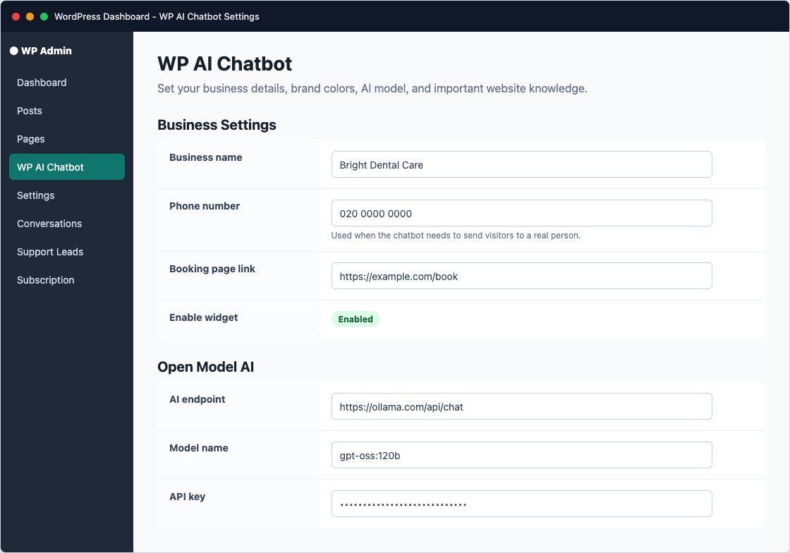 WP AI Chatbot dashboard settings screenshot