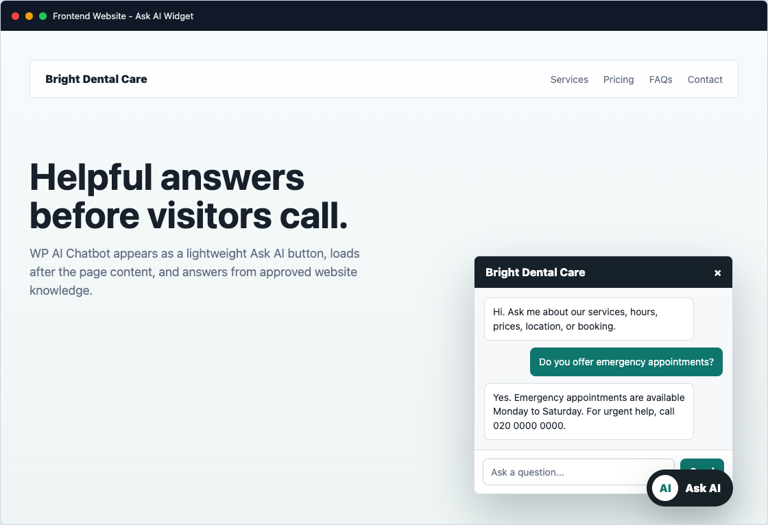 WP AI Chatbot Ask AI frontend widget screenshot
