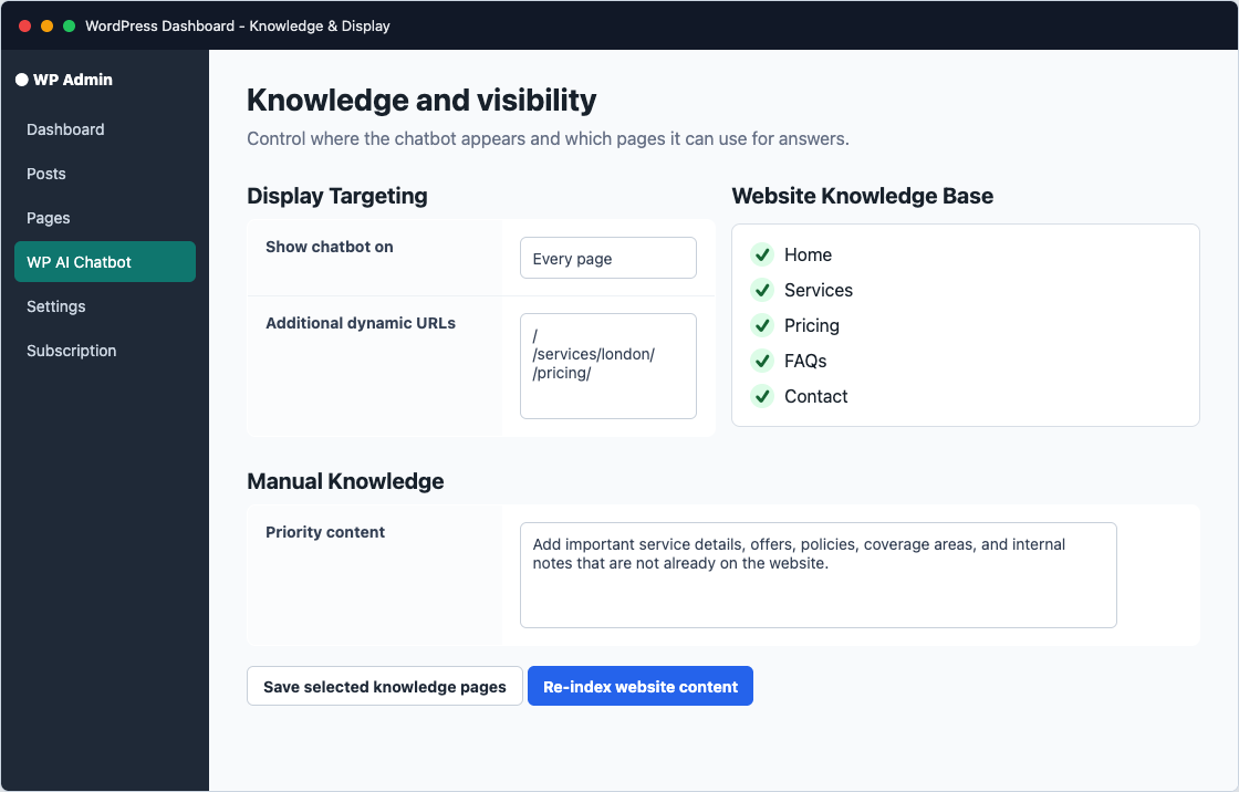 WP AI Chatbot knowledge base and display settings screenshot