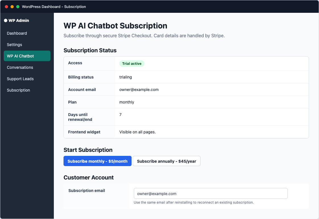 WP AI Chatbot subscription status screenshot